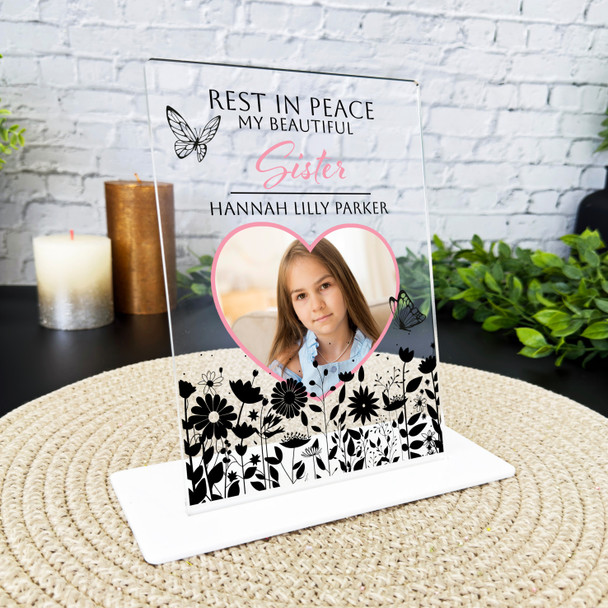 Sister Black Floral Heart Photo Memorial Keepsake Gift Personalised Gift Plaque