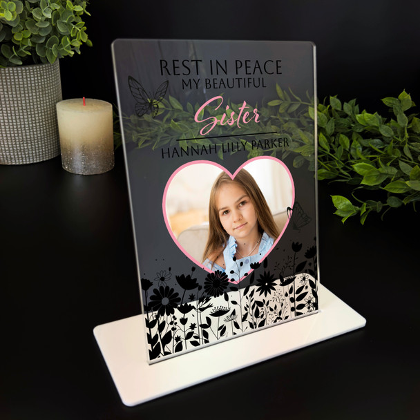Sister Black Floral Heart Photo Memorial Keepsake Gift Personalised Gift Plaque