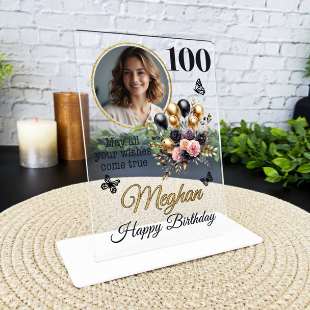 100th Birthday Gift For Her Black Gold Balloons Pink Photo Personalised Plaque