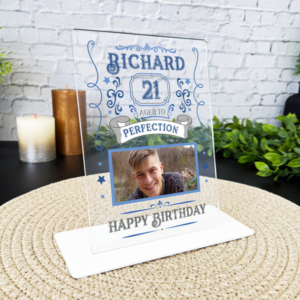 21st Birthday Gift Aged To Perfection Male Blue Photo Personalised Gift Plaque