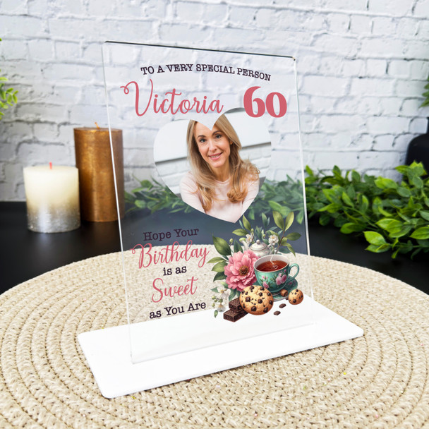 60th Birthday Gift For Female Tea Cookies Heart Photo Personalised Gift Plaque