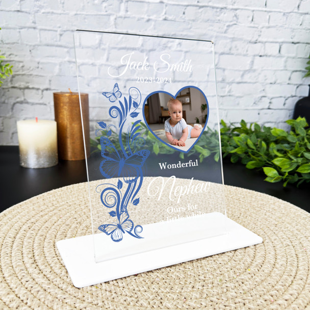 Nephew Blue Butterflies Heart Photo Memorial Keepsake Gift Personalised Plaque