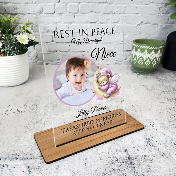 Niece Pink Sleeping Bear Photo Memorial Keepsake Gift Personalised Gift Plaque
