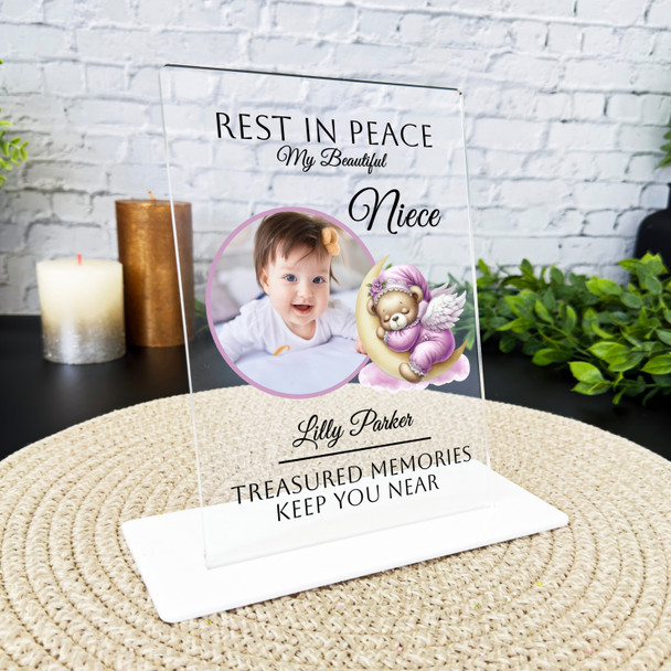 Niece Pink Sleeping Bear Photo Memorial Keepsake Gift Personalised Gift Plaque