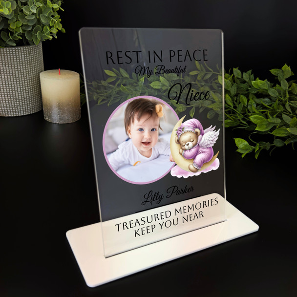 Niece Pink Sleeping Bear Photo Memorial Keepsake Gift Personalised Gift Plaque