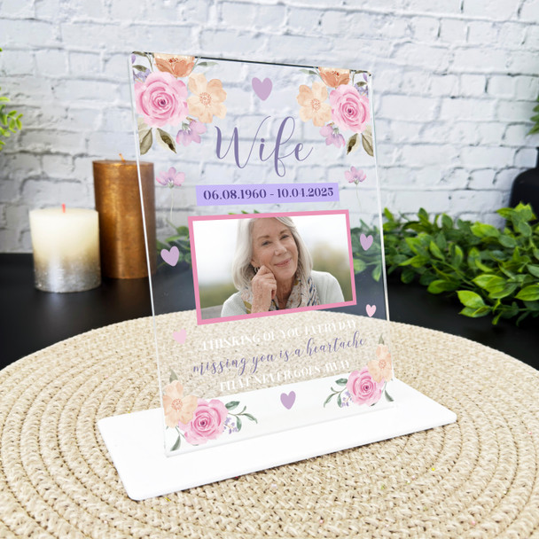 Wife Memorial Keepsake Gift Purple Pink Flowers Photo Personalised Gift Plaque