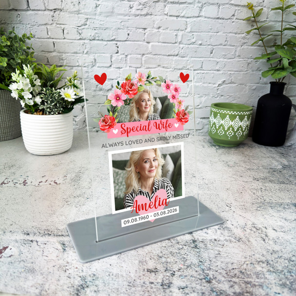 Wife Memorial Keepsake Gift Red Flowers Photo Personalised Gift Acrylic Plaque