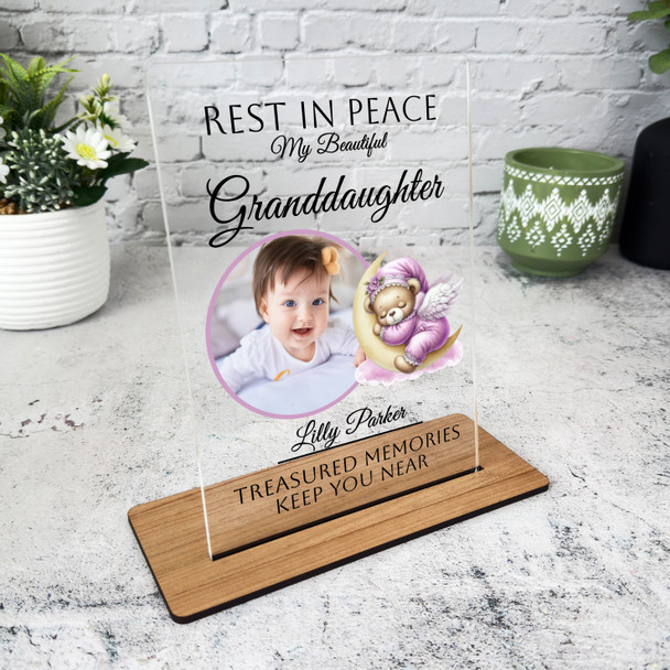 Granddaughter Pink Sleep Bear Photo Memorial Keepsake Gift Personalised Plaque