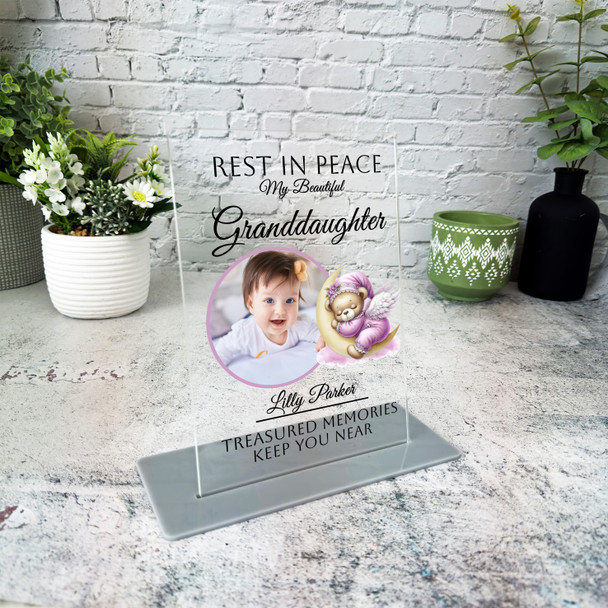 Granddaughter Pink Sleep Bear Photo Memorial Keepsake Gift Personalised Plaque