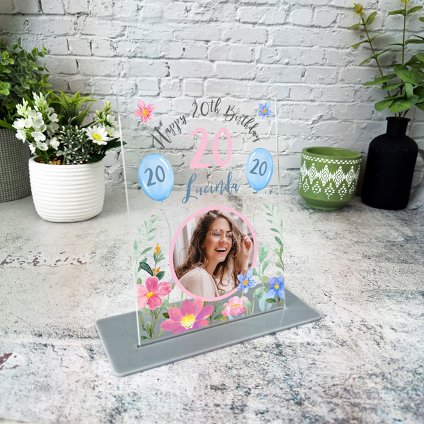 20th Birthday Gift For Female Flower Pink Blue Photo Personalised Gift Plaque