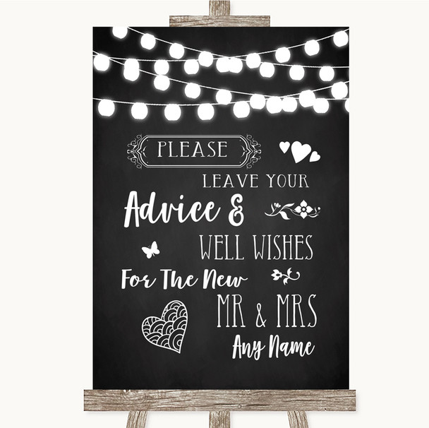 Chalk Style Black & White Lights Guestbook Advice & Wishes Mr & Mrs Wedding Sign