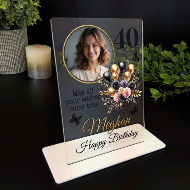 40th Birthday Gift For Her Black Gold Balloons Pink Photo Personalised Plaque