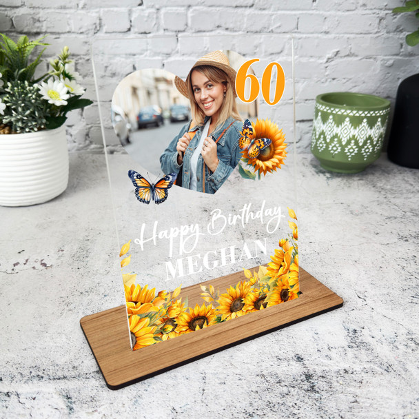 60th Birthday Gift For Female Sunflowers Heart Photo Personalised Gift Plaque