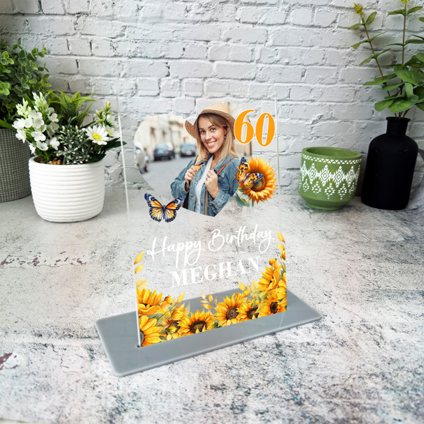 60th Birthday Gift For Female Sunflowers Heart Photo Personalised Gift Plaque