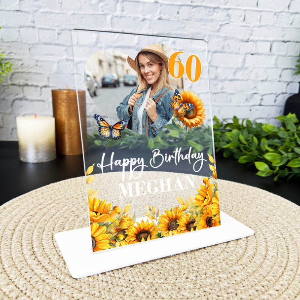 60th Birthday Gift For Female Sunflowers Heart Photo Personalised Gift Plaque