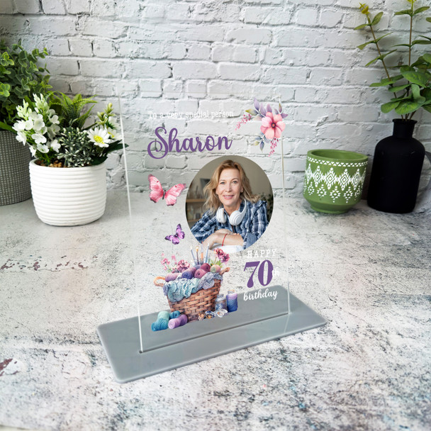 70th Birthday Gift For Female Floral Knitting Basket Personalised Gift Plaque