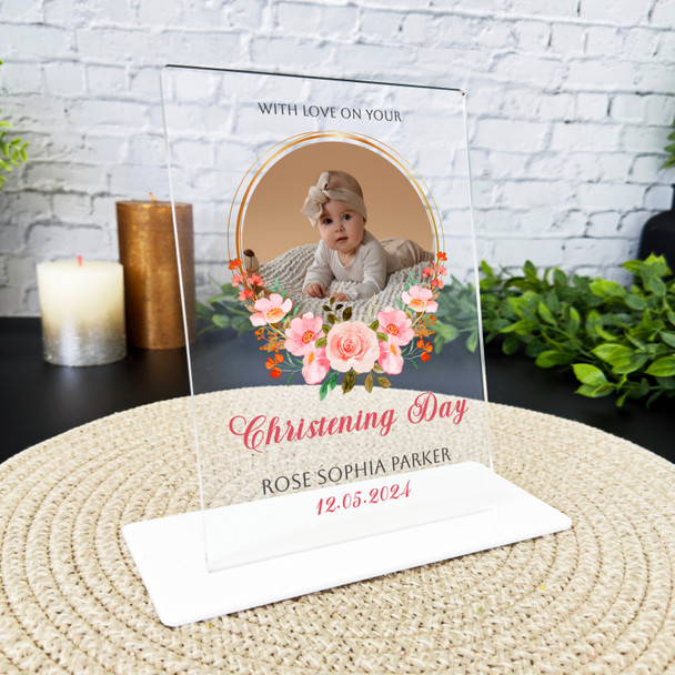 Christening Gift Pink Floral Photo Custom Personalised Gift Acrylic Plaque