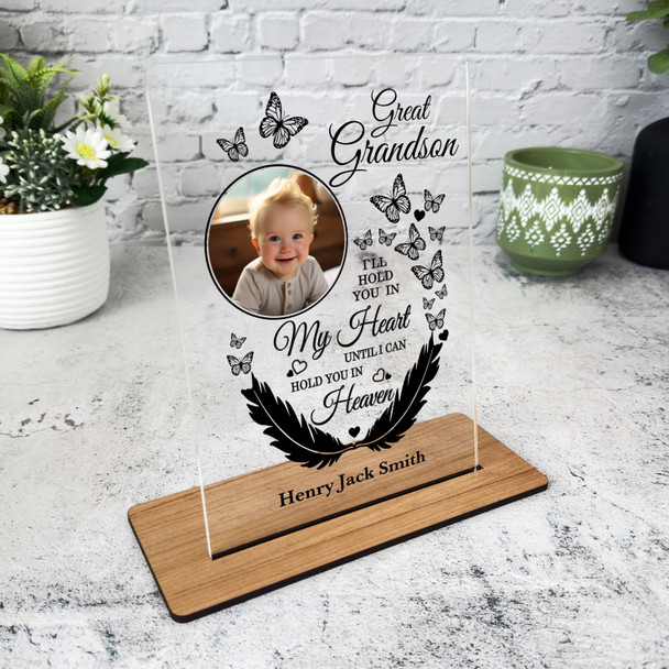 Great Grandson Feather Butterflies Photo Memorial Keepsake Gift Custom Plaque