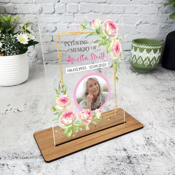 In Loving Memory Memorial Keepsake Gift Pink Flower Photo Personalised Plaque