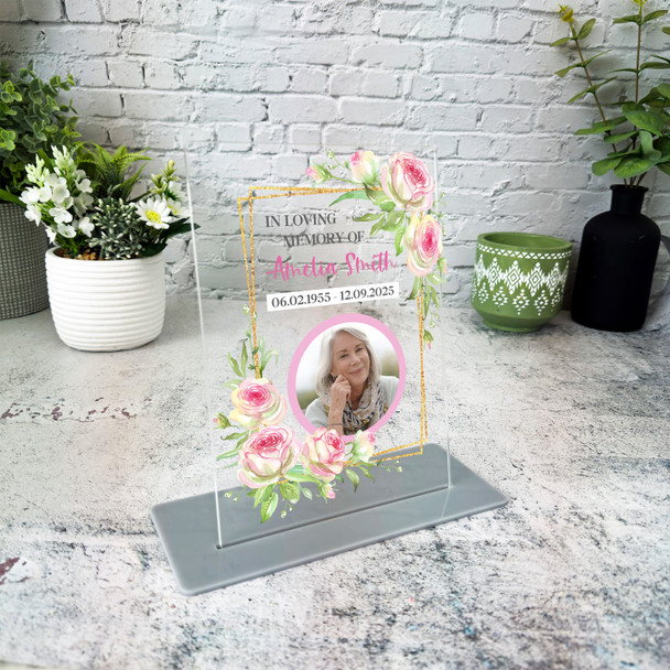 In Loving Memory Memorial Keepsake Gift Pink Flower Photo Personalised Plaque