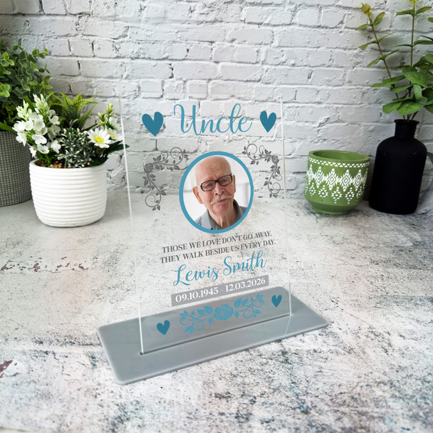 Uncle Memorial Keepsake Gift Blue Photo Rose Personalised Gift Acrylic Plaque