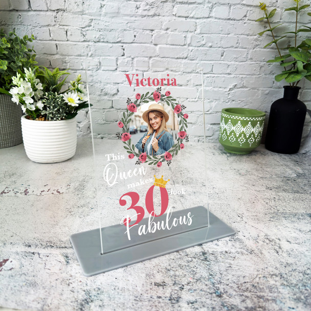 30th Birthday Gift Pink Floral Wreath Photo Personalised Gift Acrylic Plaque