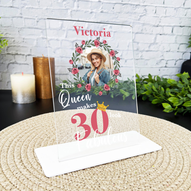 30th Birthday Gift Pink Floral Wreath Photo Personalised Gift Acrylic Plaque