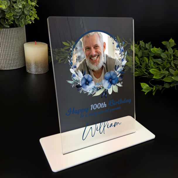 100th Birthday Gift Navy Floral Wreath Photo Custom Personalised Gift Plaque