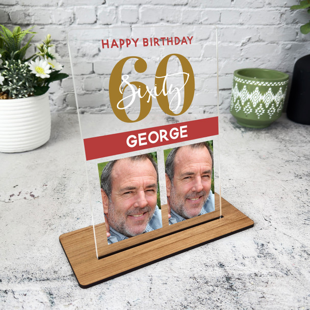 60th Birthday Gift With Two Photos Gold Red Personalised Gift Acrylic Plaque