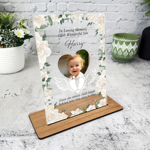 Son White Floral Heart Photo Memorial Keepsake Gift Personalised Gift Plaque