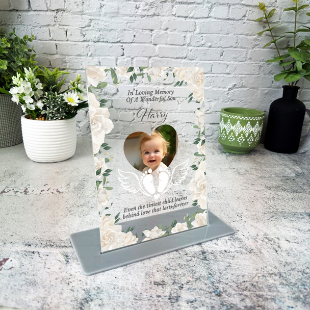 Son White Floral Heart Photo Memorial Keepsake Gift Personalised Gift Plaque