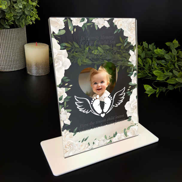 Son White Floral Heart Photo Memorial Keepsake Gift Personalised Gift Plaque