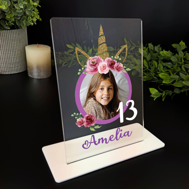13th Birthday Gift Girl Unicorn Gold Photo Personalised Gift Acrylic Plaque