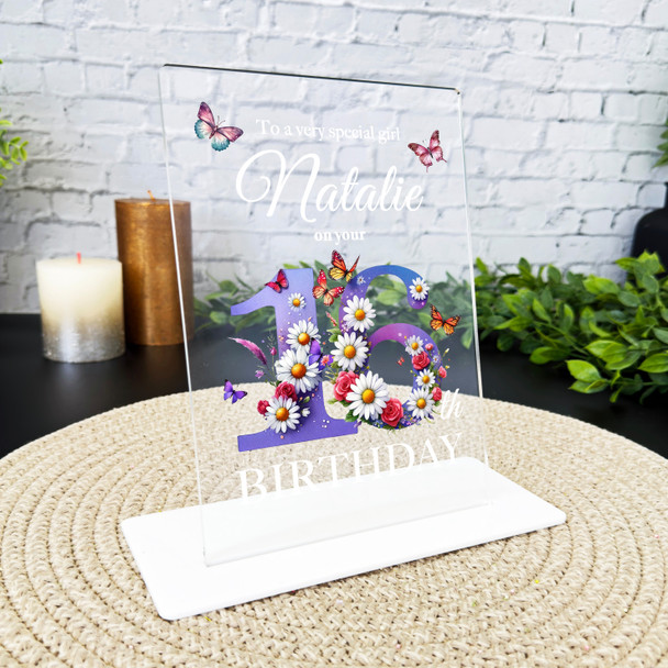 16th Birthday Gift Purple Floral Butterflies Heart Personalised Gift Plaque
