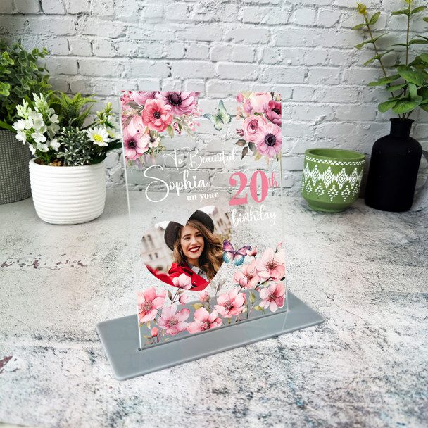 20th Birthday Gift For Her Pink Floral Heart Photo Personalised Gift Plaque