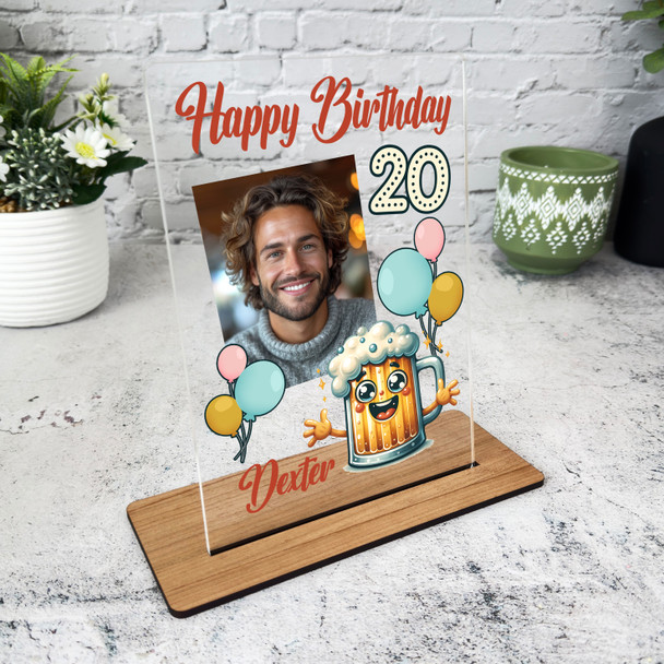 20th Birthday Gift Happy Beer Glass Balloons Photo Personalised Gift Plaque