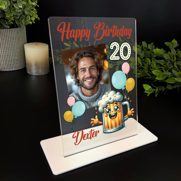 20th Birthday Gift Happy Beer Glass Balloons Photo Personalised Gift Plaque