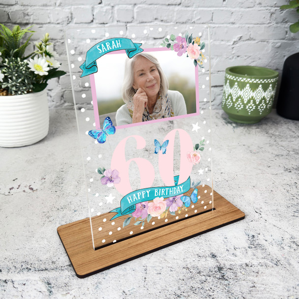60th Birthday Gift Flowers Photo Butterfly Personalised Gift Acrylic Plaque