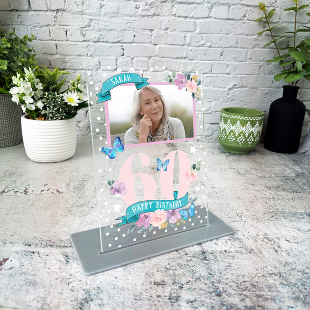 60th Birthday Gift Flowers Photo Butterfly Personalised Gift Acrylic Plaque