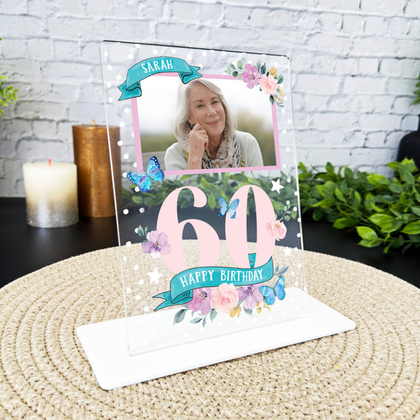 60th Birthday Gift Flowers Photo Butterfly Personalised Gift Acrylic Plaque