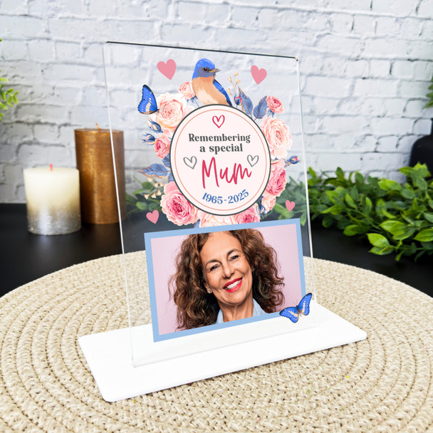 Mum Memorial Keepsake Gift Bird Pink Flowers Photo Personalised Gift Plaque