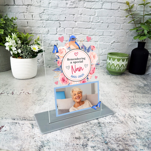 Nan Memorial Keepsake Gift Bird Pink Flowers Photo Personalised Gift Plaque