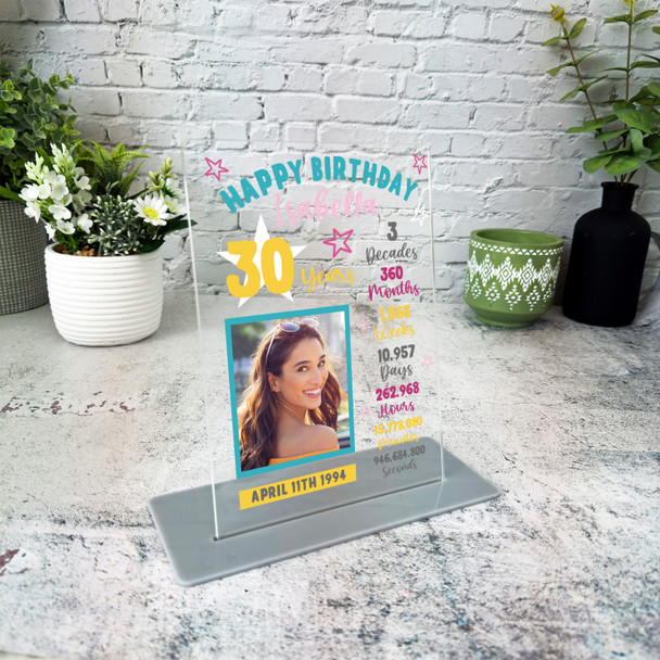 30th Birthday Gift Female Info Star Photo Personalised Gift Acrylic Plaque