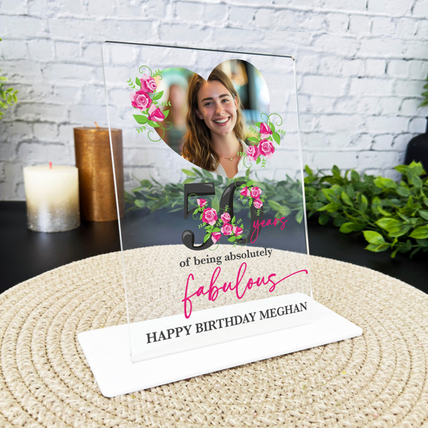 50th Birthday Gift Pink Roses Heart Photo Personalised Gift Acrylic Plaque