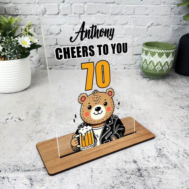 70th Birthday Gift Cool Bear Holding Beer Personalised Gift Acrylic Plaque