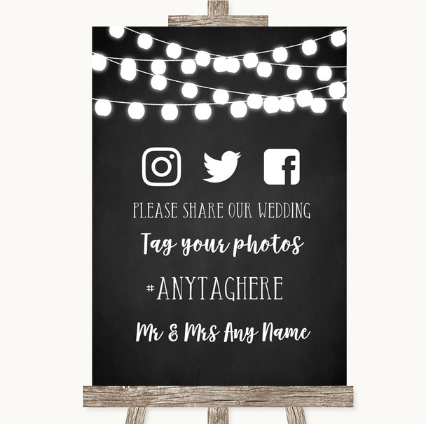 Chalk Style Black and White Lights Social Media Hashtag Photos Wedding Sign