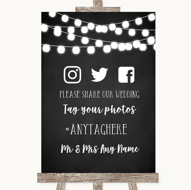 Chalk Style Black & White Lights Social Media Hashtag Photos Wedding Sign