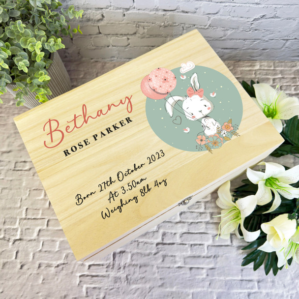 Cute Bunny With Balloons Birth Details New Baby Personalised Wooden Keepsake Box