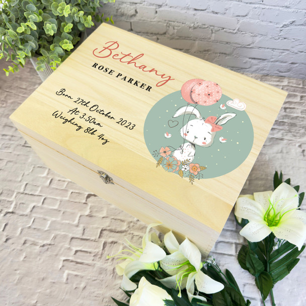 Cute Bunny With Balloons Birth Details New Baby Personalised Wooden Keepsake Box