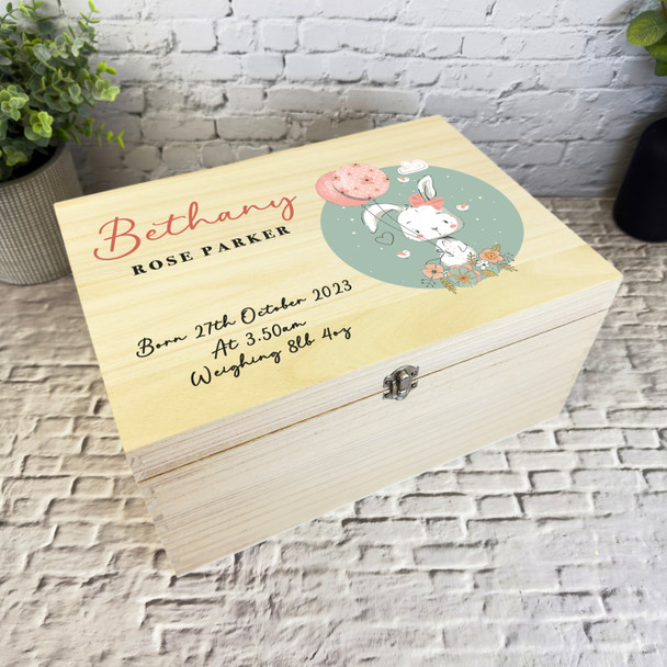 Cute Bunny With Balloons Birth Details New Baby Personalised Wooden Keepsake Box